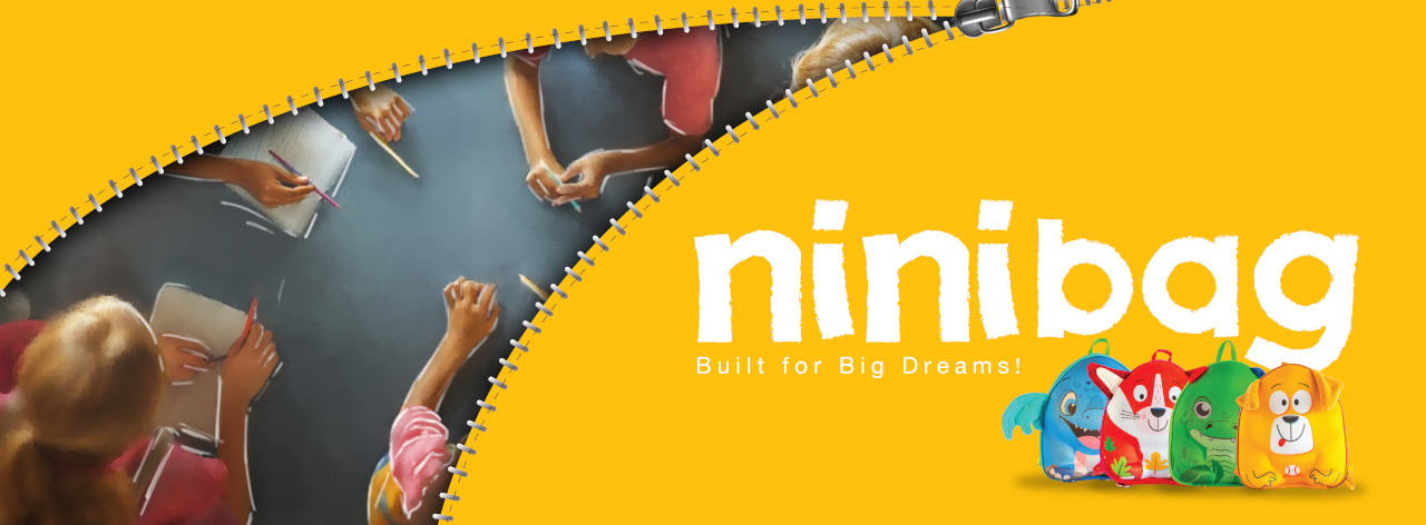 Children at a table with notebooks and pencils, featuring the 'ninibag' brand on a yellow background.
