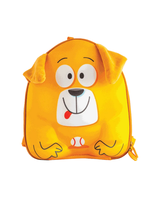 Buddy - mustard yellow dog-style backpack with a cartoon dog face