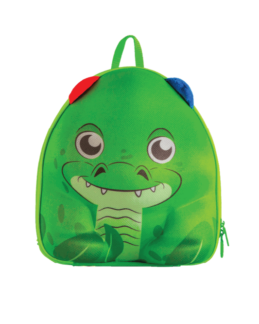 Chompy - Green aligator-shaped backpack with a red and blue ears