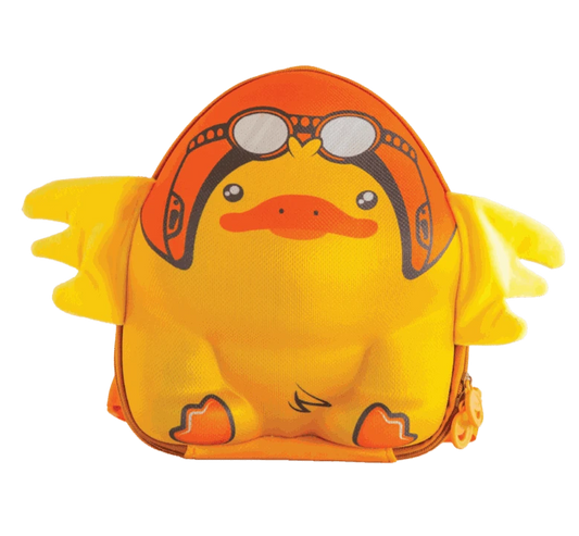 Chuck, Yellow chicken-shaped backpack with yellow wings front view