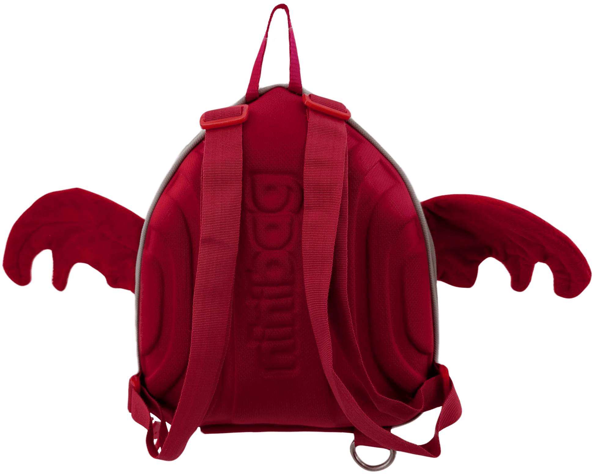 Draco, Red dragon-shaped backpack back view with red straps and ninibag brand logo
