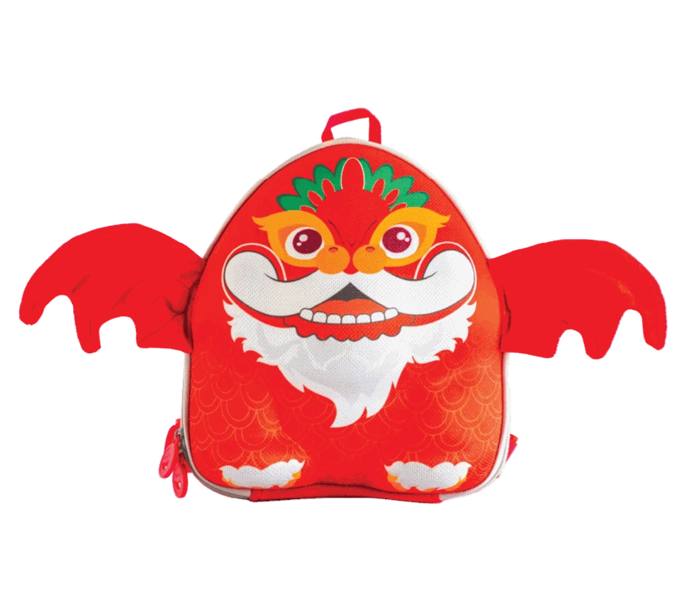 Draco, Red dragon-shaped backpack with red wings front view