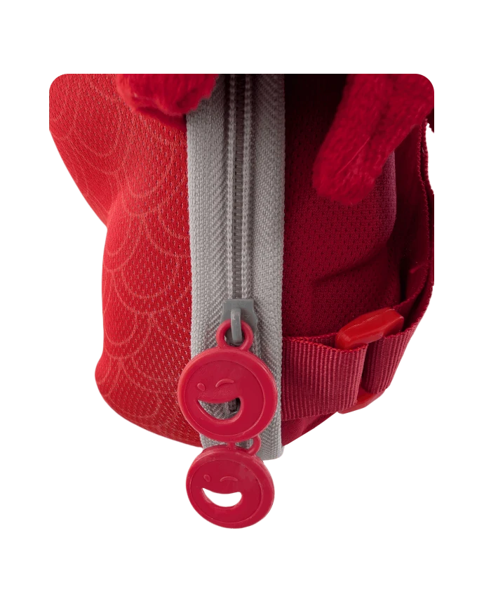 Draco, Red dragon-shaped backpack close-up view of red smiley-face zippers