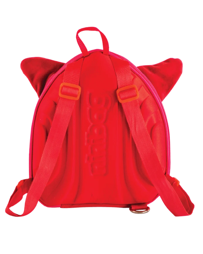 Red fox-shaped backpack back view with ninibag brand logo and red stripes