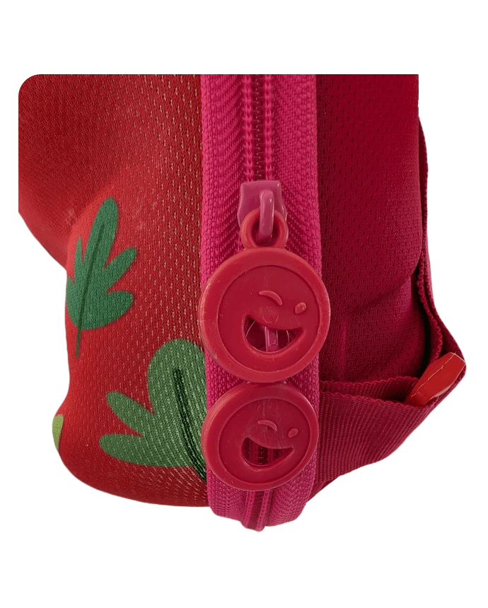 Red fox-shaped backpack close-up view of red smiley-face zipper