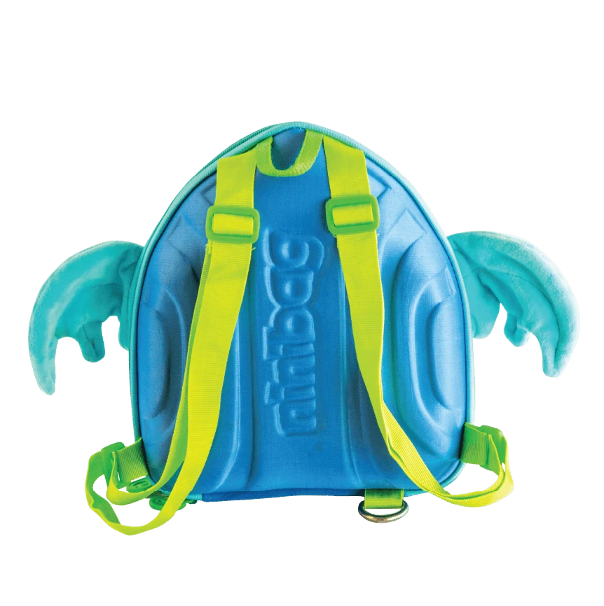 Rex, Blue dinosaur-shaped backpack back view with green straps and ninibag bran logo