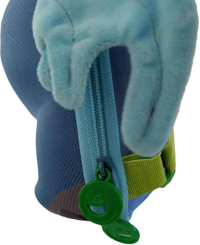 Rex, Blue dinosaur-shaped backpack close-up view of green smiley-face zipper