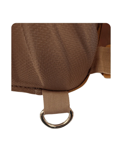 Maple, brown beaver-style backpack Close-up view of bottom hook