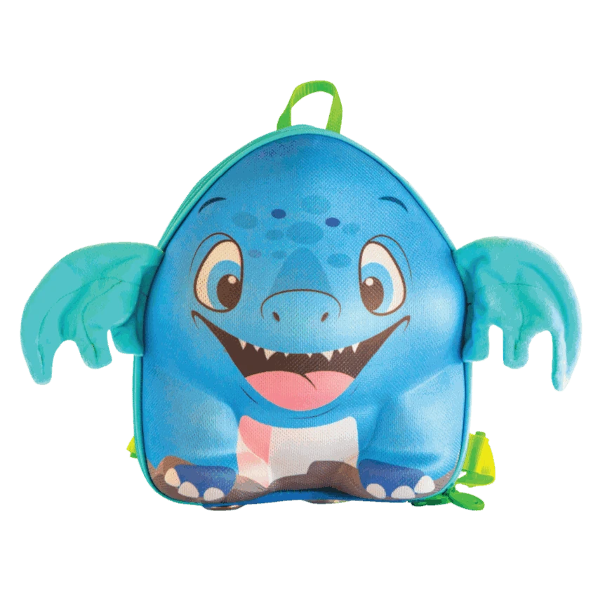 Rex, Blue dinosaur-shaped backpack with blue wings front view